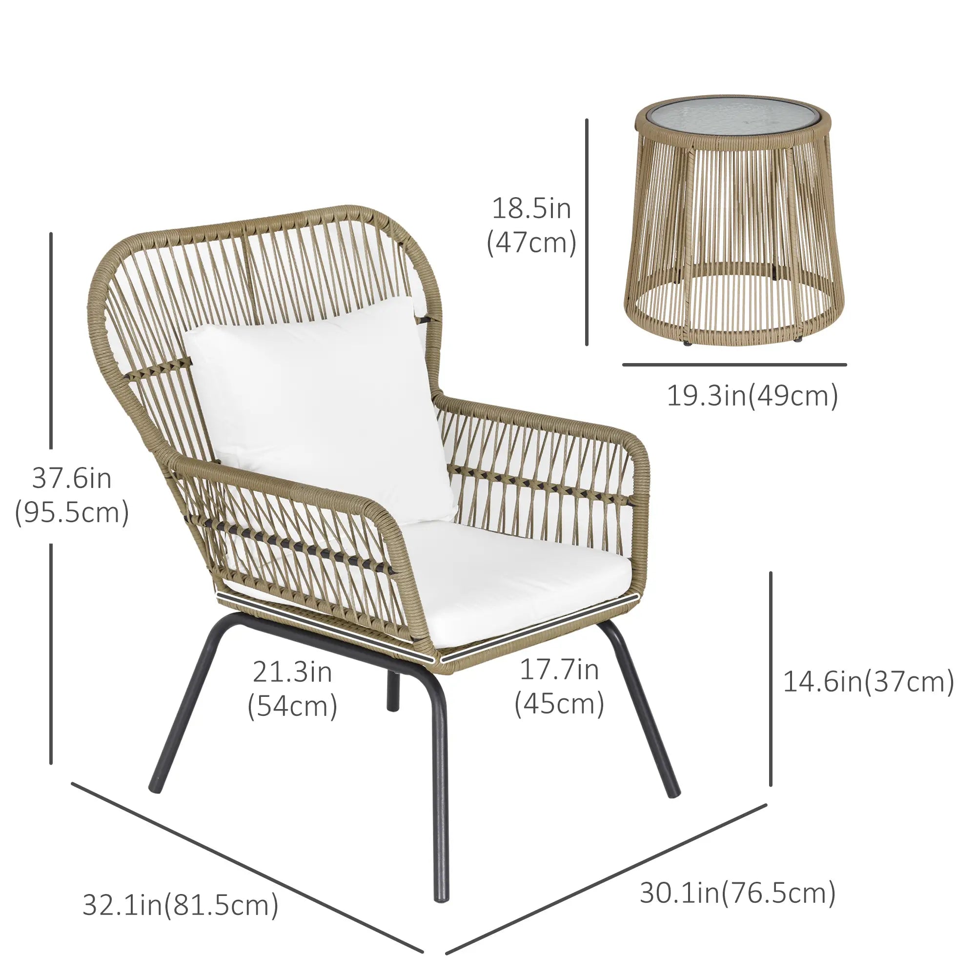3 Pc Wicker Patio Set, Rattan Bistro with Table, Cushions, Outdoor, Coffee, White Bistro Sets at Gallery Canada