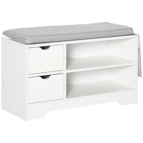 Upholstered Shoe Storage Bench With Seat, Drawer, Open Shelves, White
