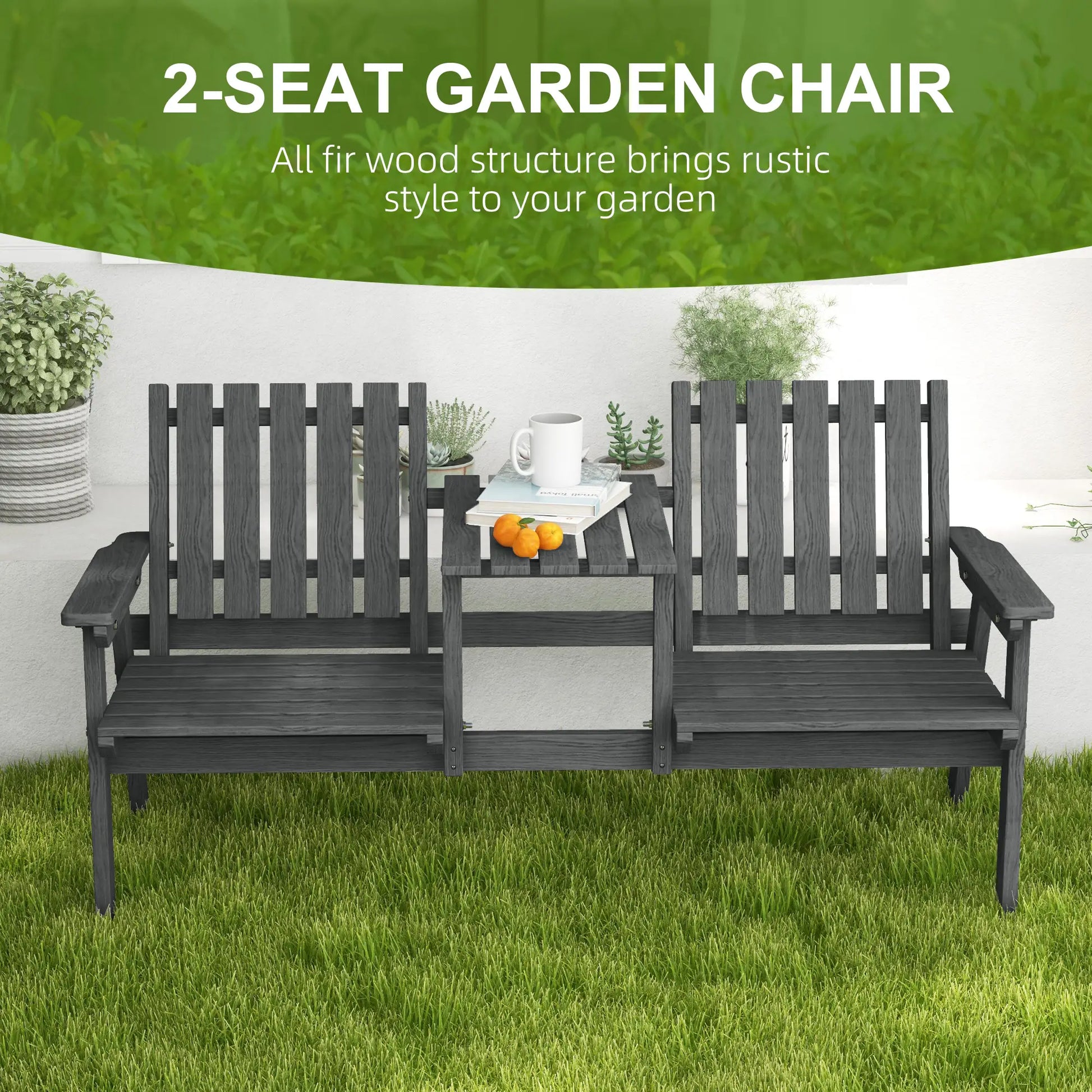 2-Seater Garden Bench with Middle Table, Umbrella Hole, Grey Patio Chairs at Gallery Canada