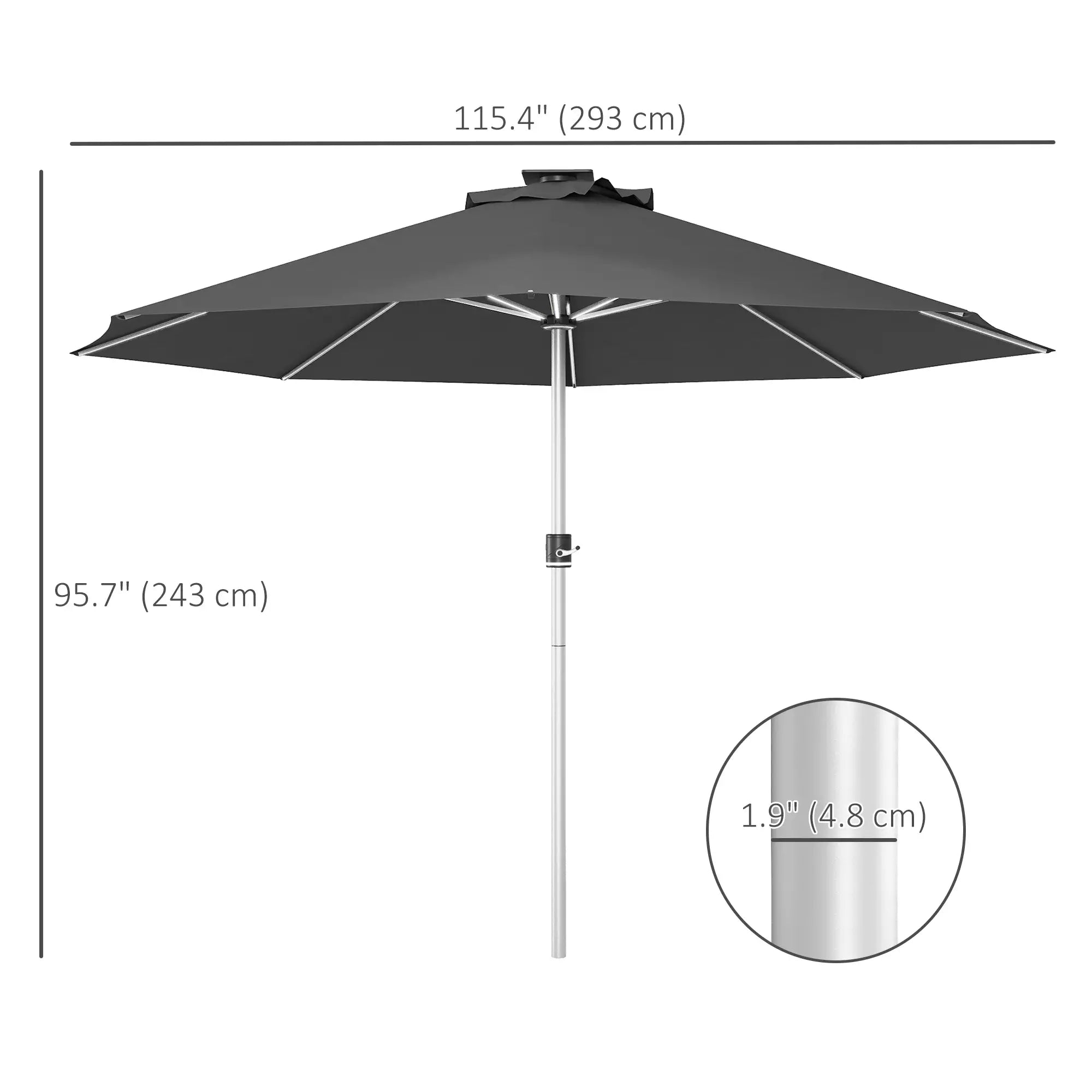 LED Patio Umbrella, Solar USB Charging, 4 Lighting Modes, Charcoal Grey Sun Umbrellas at Gallery Canada