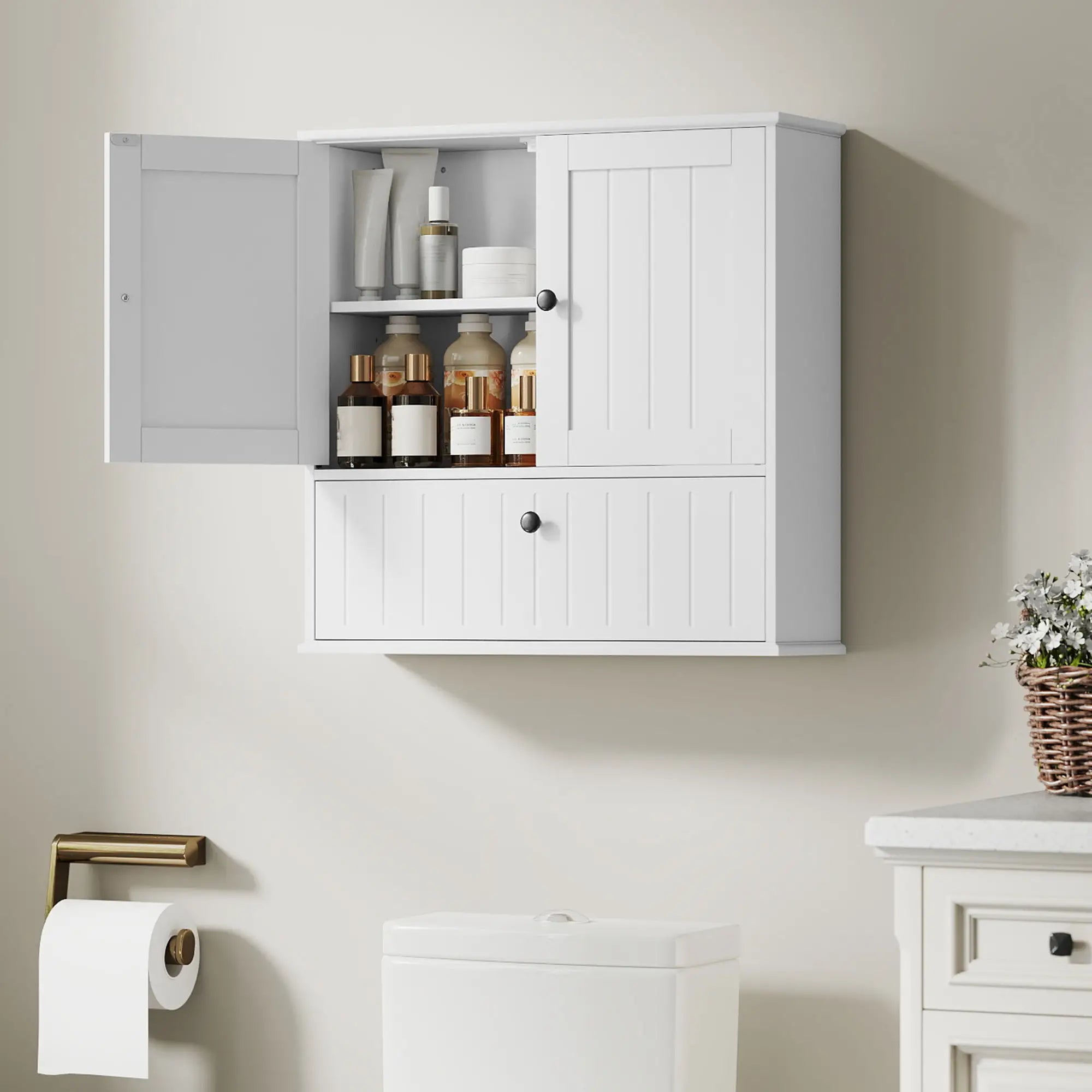 Farmhouse Medicine Cabinet, Adjustable Shelves, Flip-Down Door, White Wall Mounted Cabinets at Gallery Canada