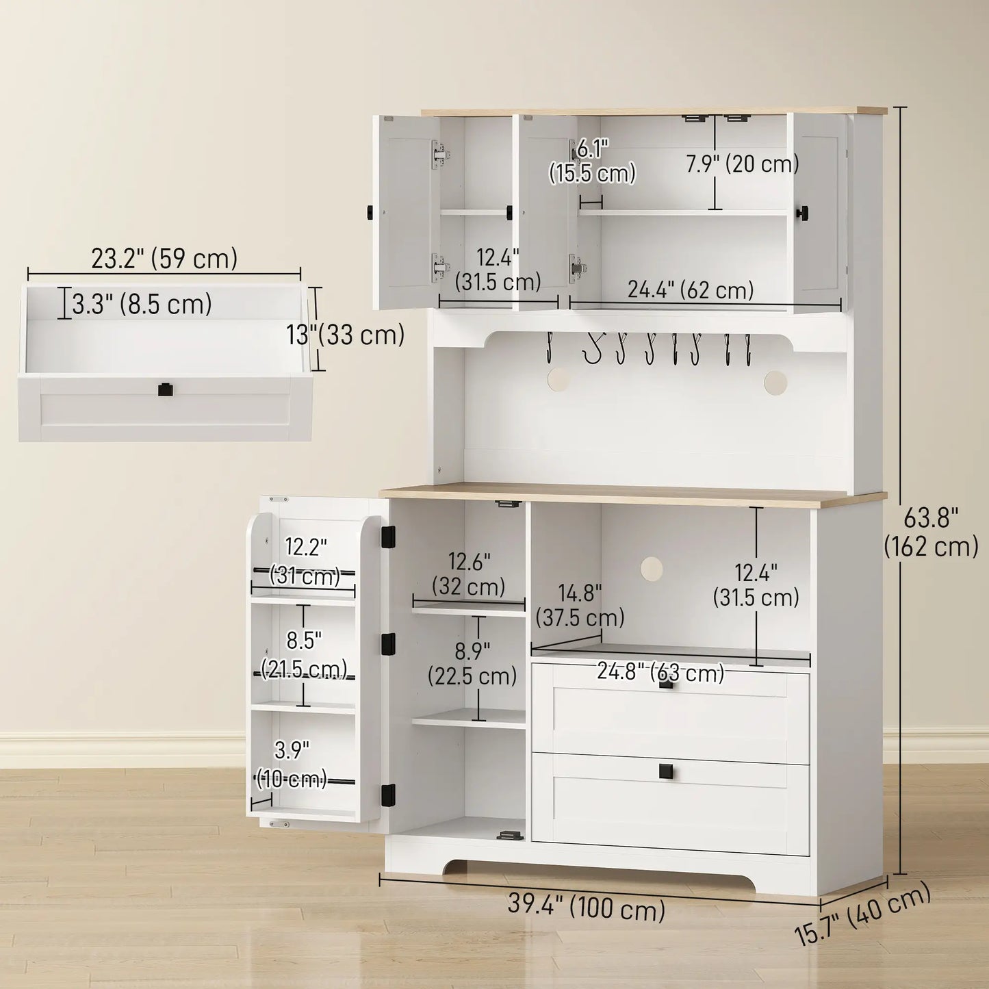 64" Tall Kitchen Pantry Cabinet, 3 Cabinets, 2 Drawers, White Kitchen Pantry Cabinets at Gallery Canada