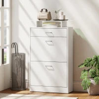 Armoire à chaussures fine, 2 tiroirs basculants, étagères réglables, dessus en verre