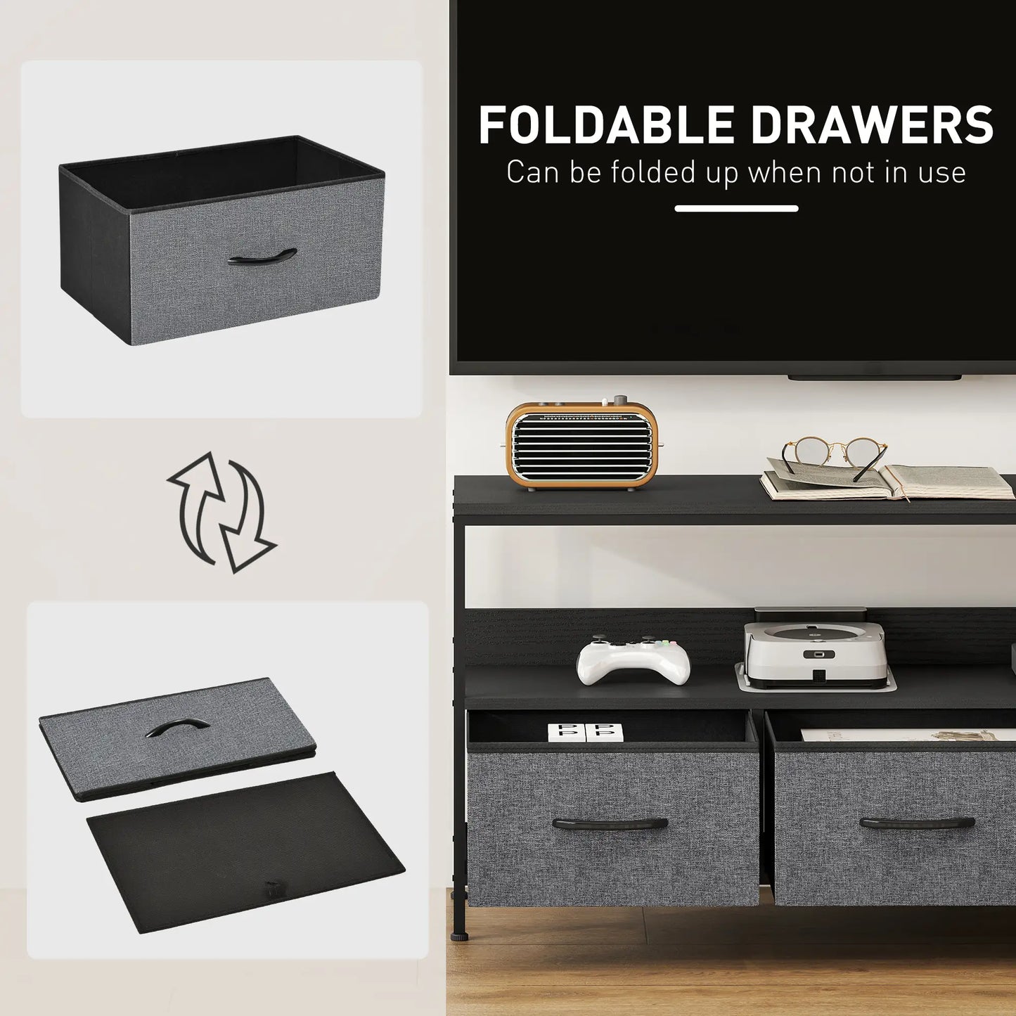 TV Stand with Charging Station, 3 Foldable Drawers, Open Shelf, 55 Inch, Black TV Stands at Gallery Canada