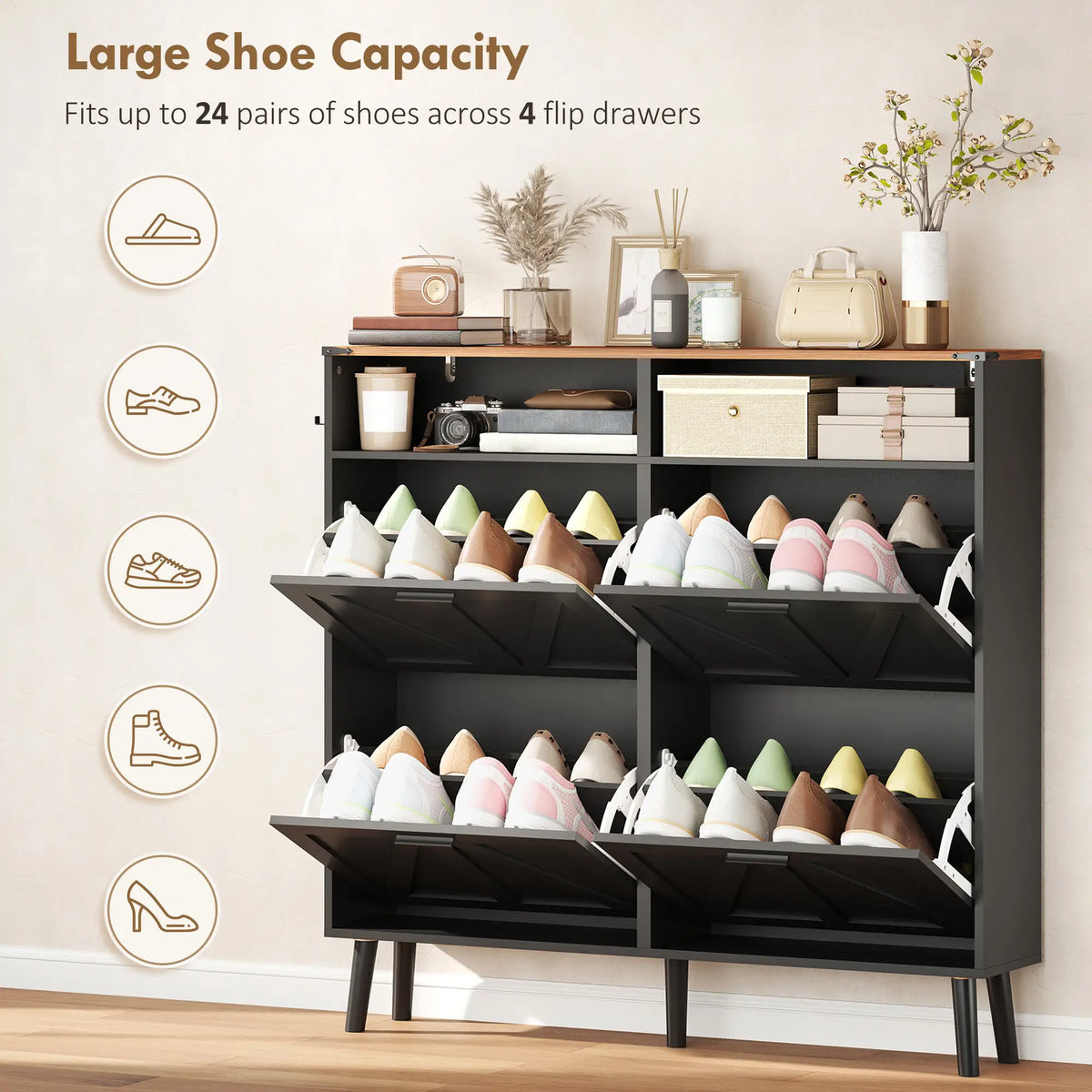 Shoe Storage Cabinet, 4 Flip Drawers, Farmhouse Narrow, Black Shoe Storage Cabinets & Racks at Gallery Canada