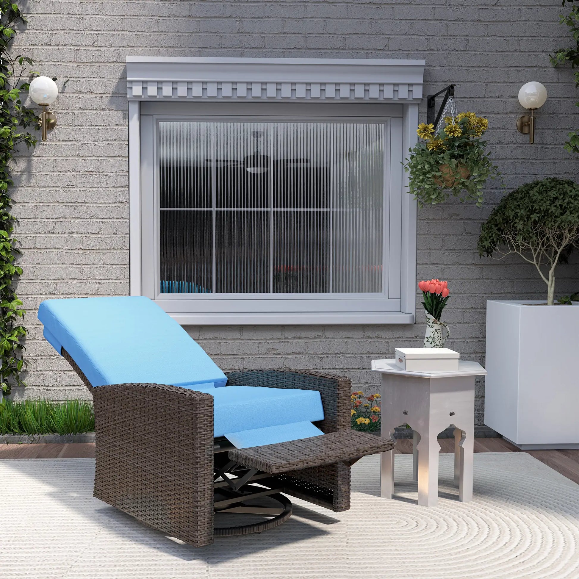 Outdoor Rattan Lounge Chair with Footrest, Soft Cushion, Sky Blue Patio Chairs at Gallery Canada