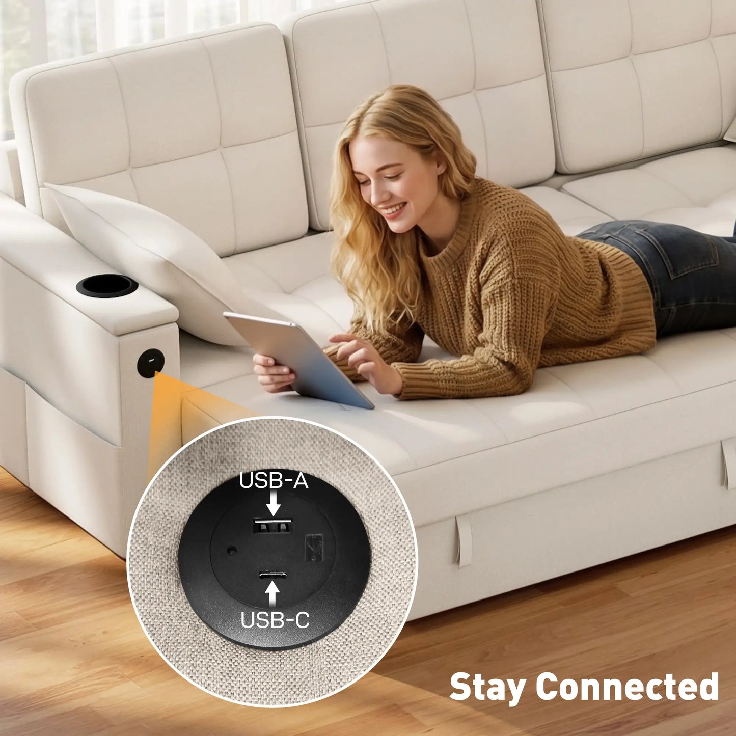 Convertible Sectional Sofa Bed, Pull Out Sleeper With USB‑A+C, Chaise Storage, L-Shaped Futon, Beige Sofas & Reclining Chairs at Gallery Canada