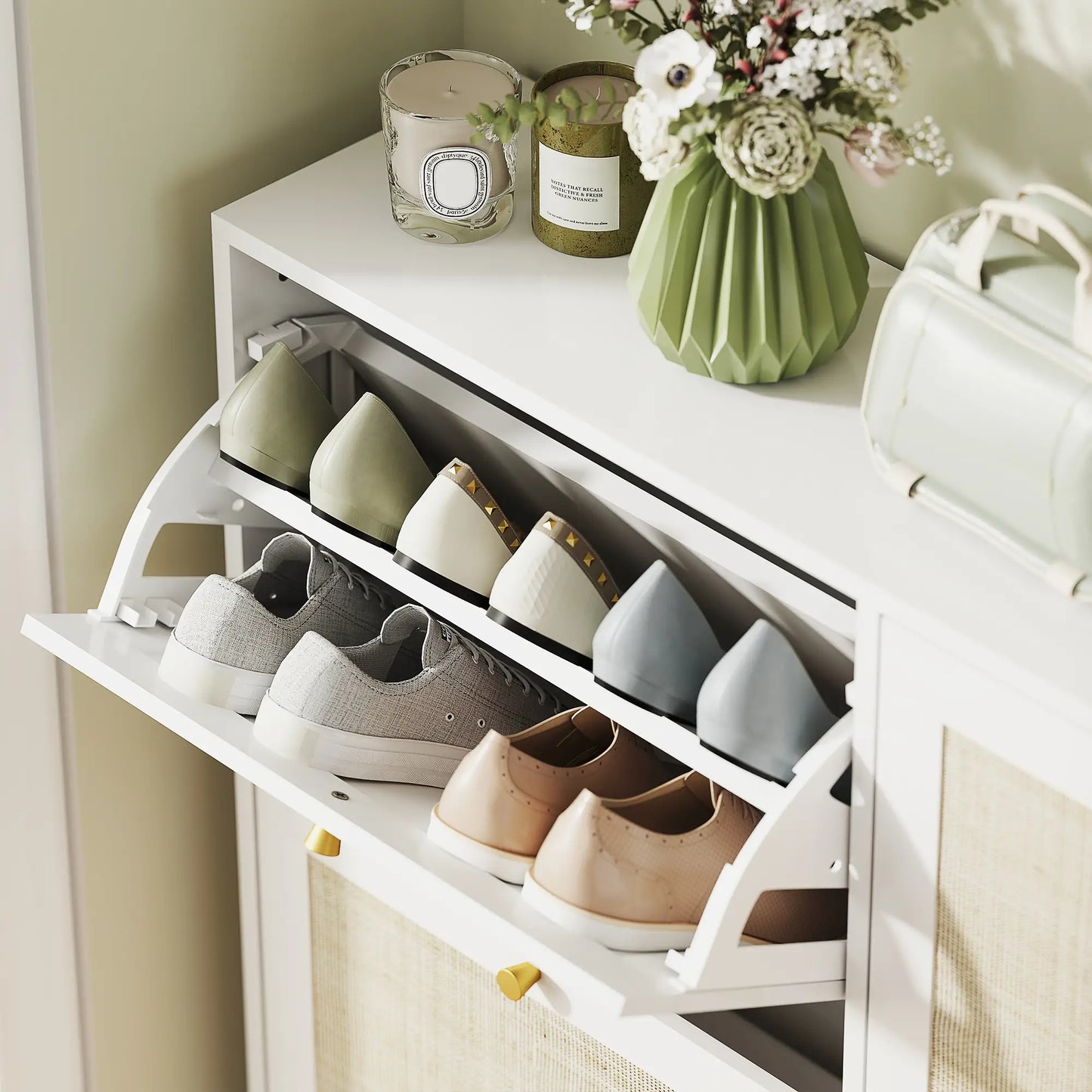 Narrow Shoe Storage Cabinet, 4 Flip Drawers, Adjustable Shelves, 20 Pairs, White Shoe Storage Cabinets & Racks at Gallery Canada