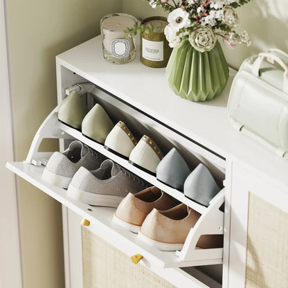 Narrow Shoe Storage Cabinet, 4 Flip Drawers, Adjustable Shelves, 20 Pairs, White Shoe Storage Cabinets & Racks at Gallery Canada