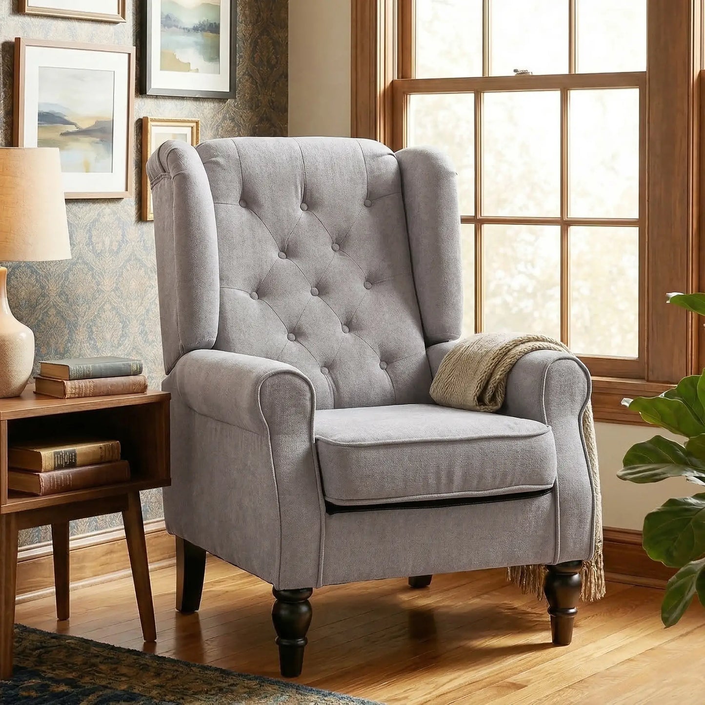 Fabric Accent Chair, Button Tufted Armchair, Modern Living Room, Wood Legs, Grey Accent Chairs at Gallery Canada