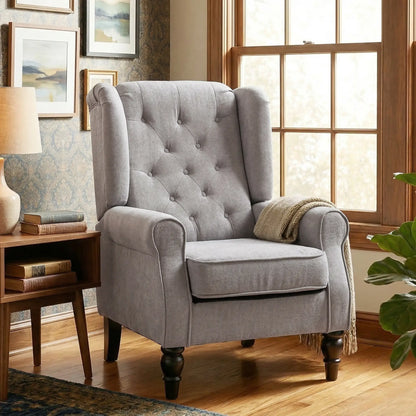 Fabric Accent Chair, Button Tufted Armchair, Modern Living Room, Wood Legs, Grey Accent Chairs at Gallery Canada