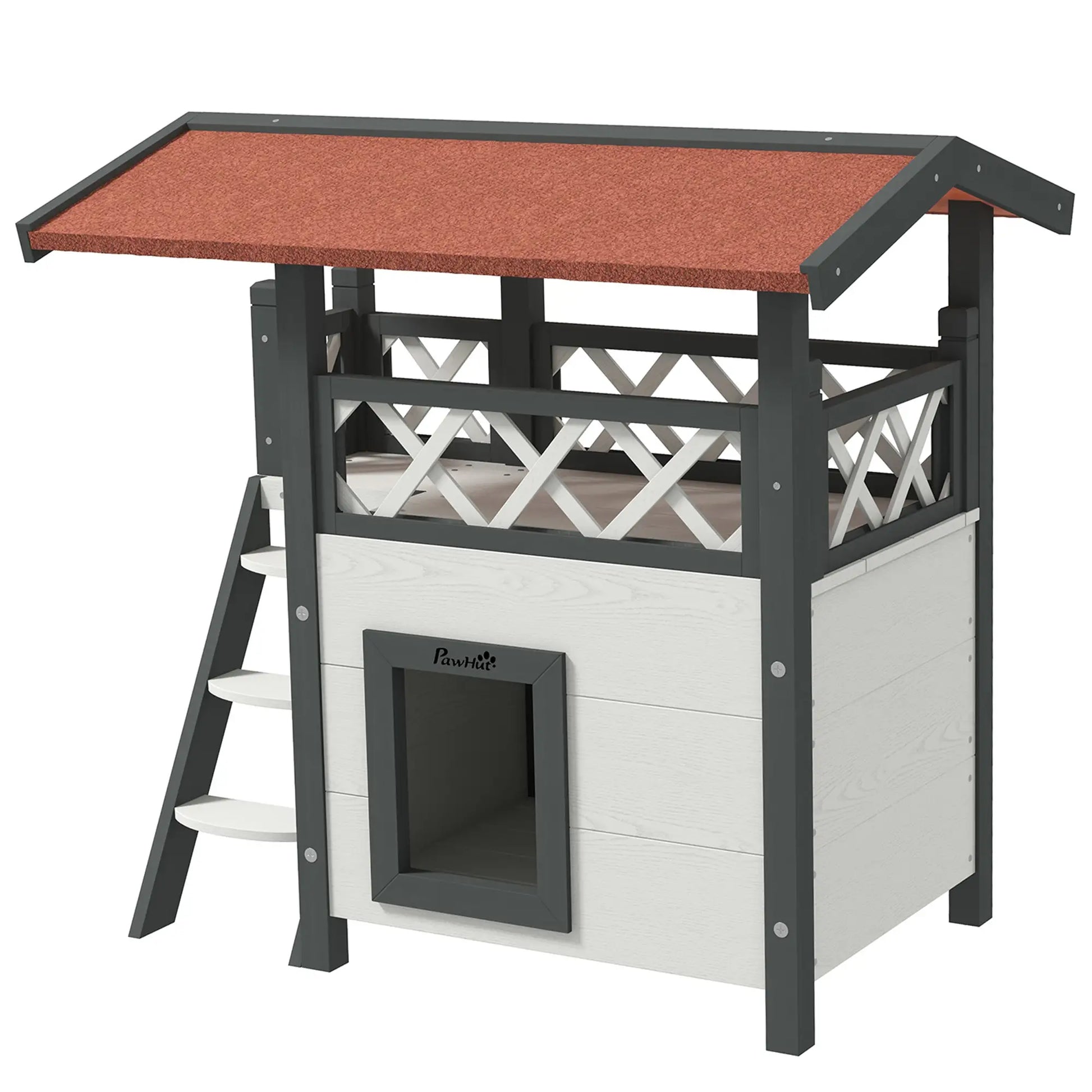 Wooden 2-Story Cat Shelter, Asphalt Roof, Stairs, Balcony, 30" x 20" x 29", White Cat Houses White, Grey, Red at Gallery Canada