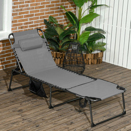 Folding Chaise Lounge with 5-level Reclining Back, Outdoor Tanning Chair, Outdoor Lounge Chair with Reading Hole, Side Pocket, Headrest, for Beach, Yard, Patio, Grey - Gallery Canada