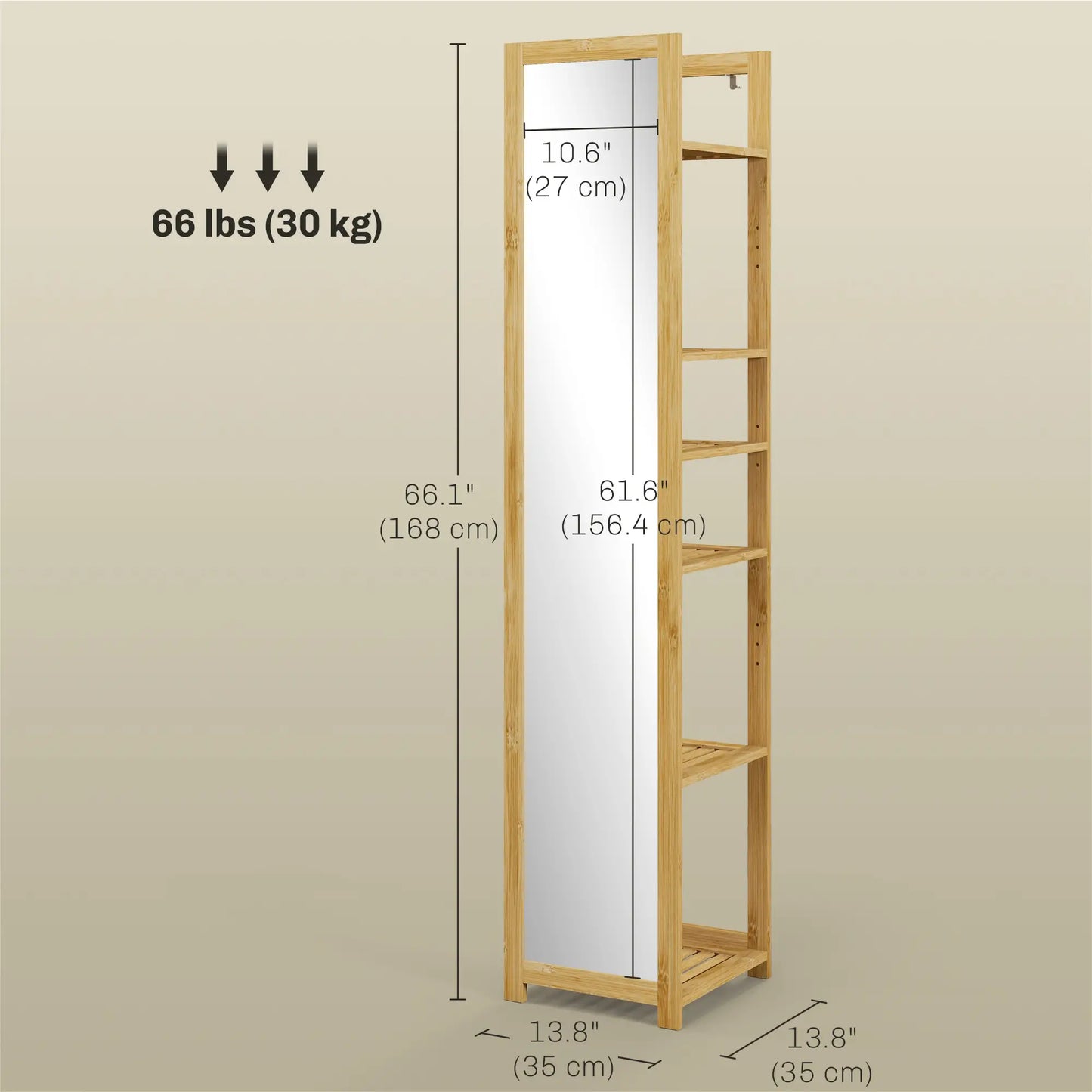 66" x 14" Standing Mirror, 6-Tier Shelf, Full Body Floor Mirror, Nature Wood Bathroom Cabinets at Gallery Canada