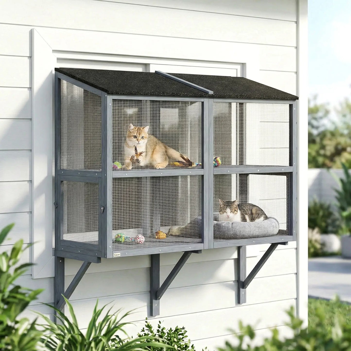 Outdoor Cat Enclosure, Wall-Mounted 2-Level Cat House, Waterproof Roof, 51.2", Grey Outdoor Cat Enclosures at Gallery Canada