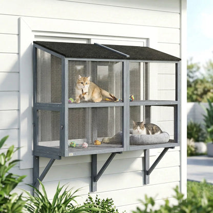 Outdoor Cat Enclosure, Wall-Mounted 2-Level Cat House, Waterproof Roof, 51.2", Grey Outdoor Cat Enclosures at Gallery Canada