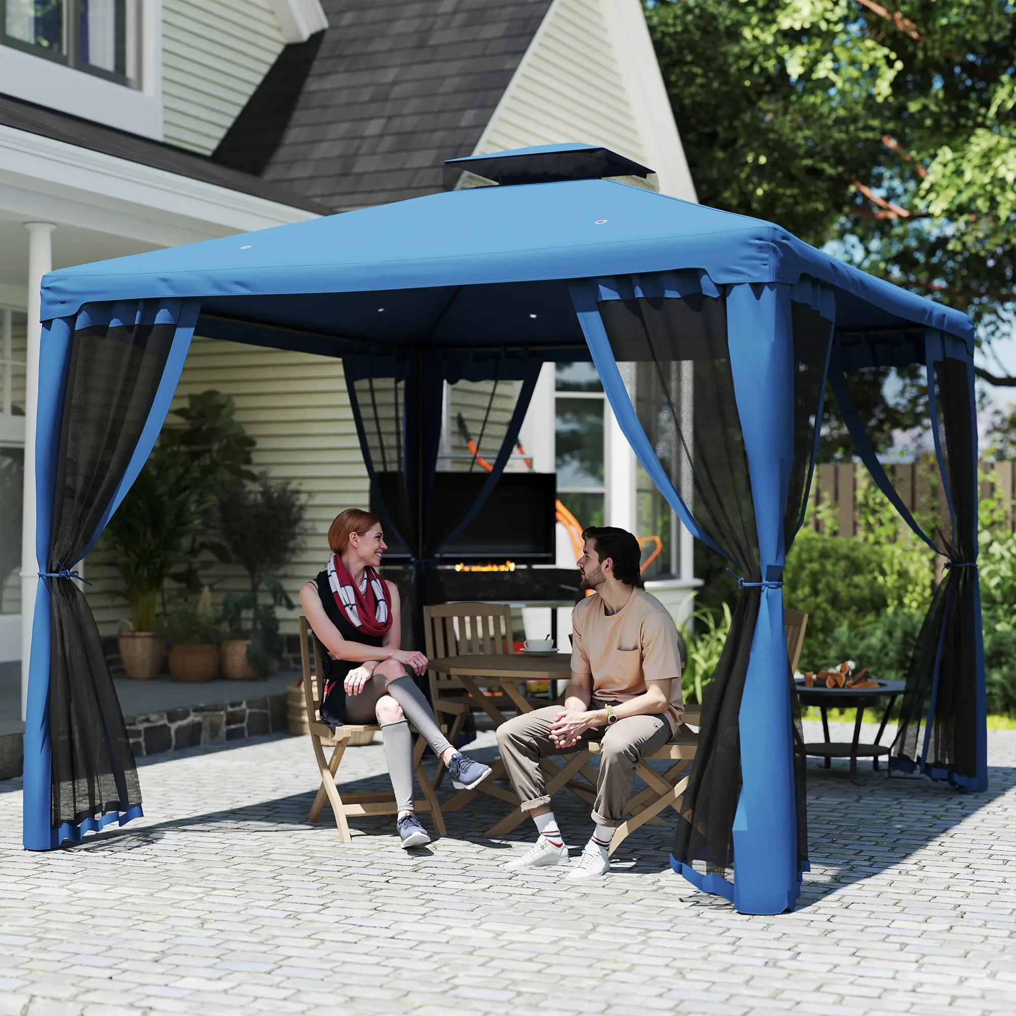 9.6' x 9.6' Patio Gazebo, Steel Frame, Mosquito Netting, Dark Blue Gazebos at Gallery Canada