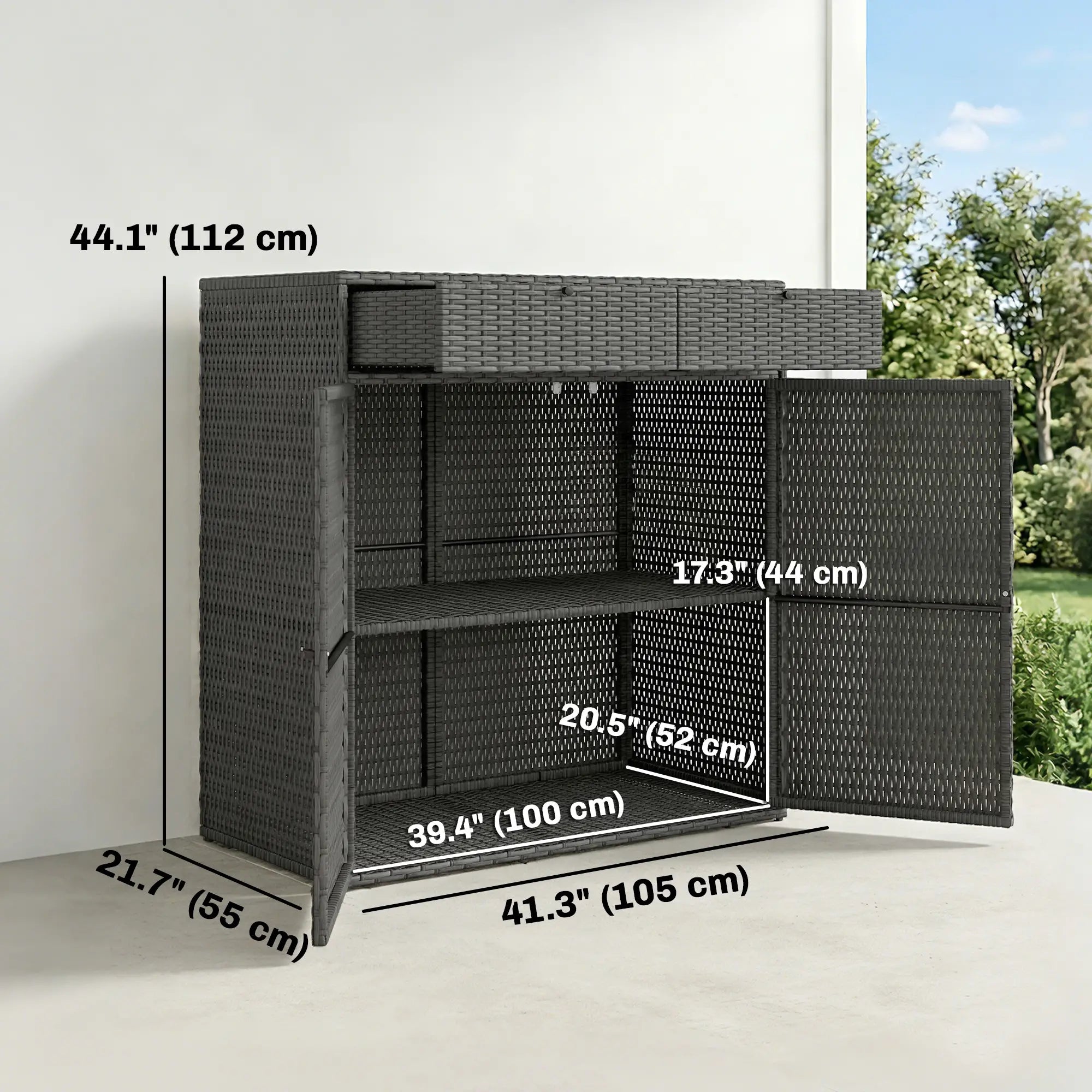 Wicker Outdoor Storage Cabinet, 2 Doors, Drawers, 2-Tier Shelf, Dark Grey Patio Storage Boxes at Gallery Canada