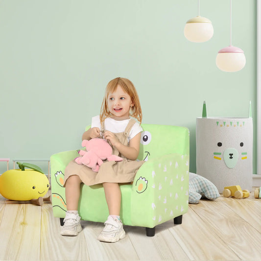 Kids Sofa, Armrest Chair, Toddler Couch, Cute Animal Print, Velvet, Eucalyptus Wood, Green Kids Chairs & Seating Green at Gallery Canada