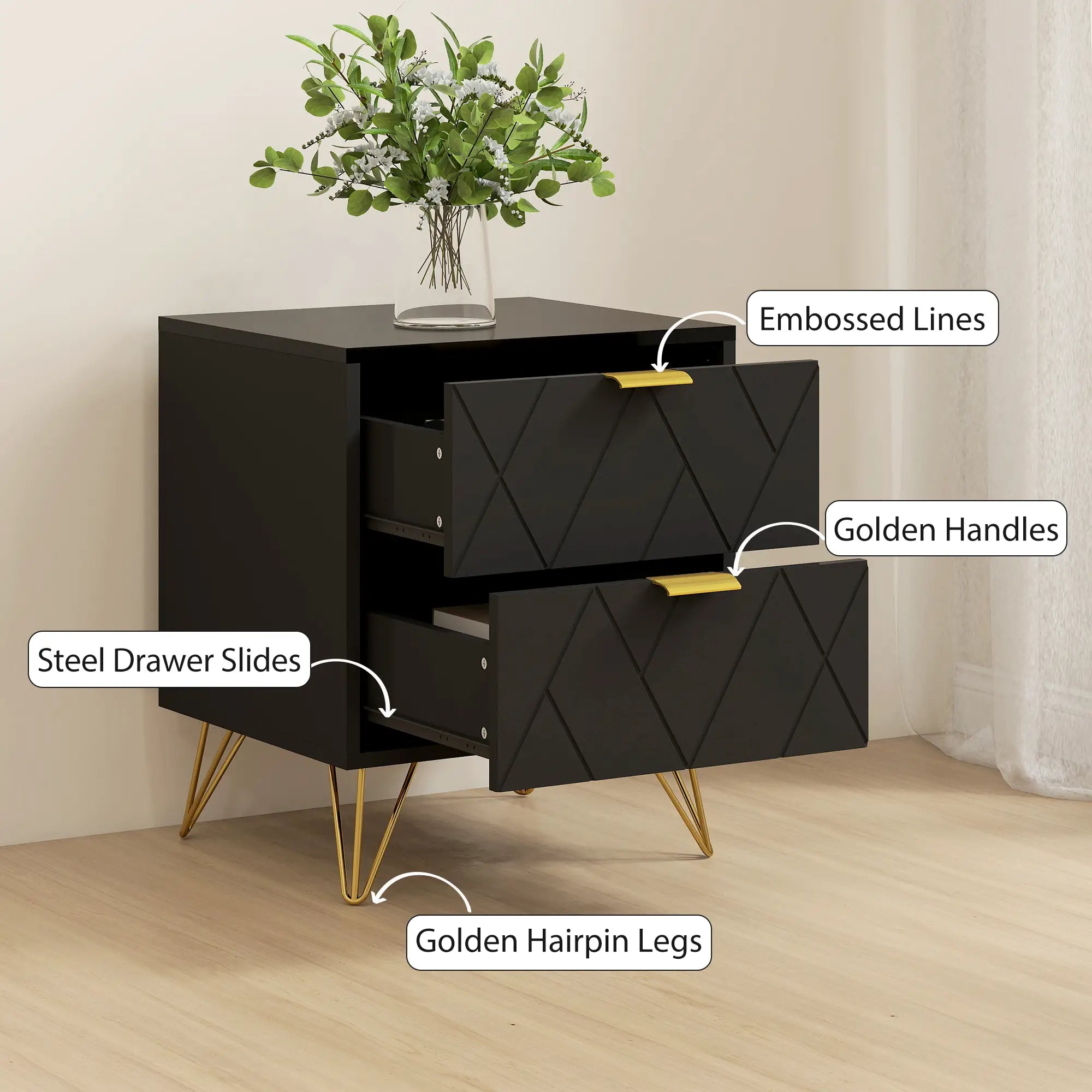 Modern Bedside Table, 2 Drawer Nightstand, Black Bedside Tables at Gallery Canada
