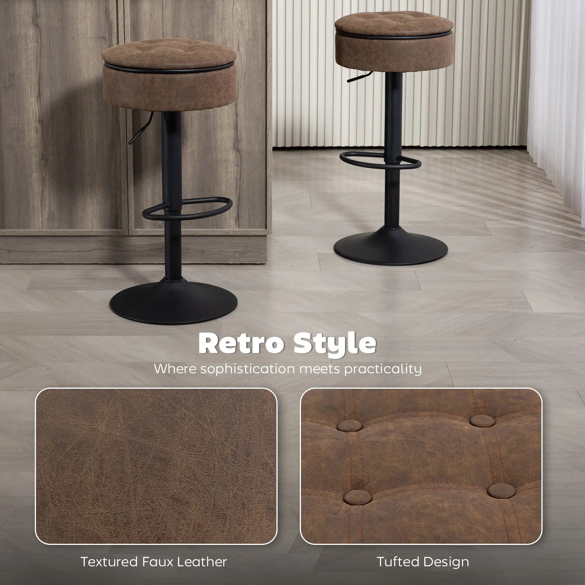 Set of 2 Barstools with Storage, Swivel, PU Leather, Footrest, Steel Base, Brown Bar Stools at Gallery Canada