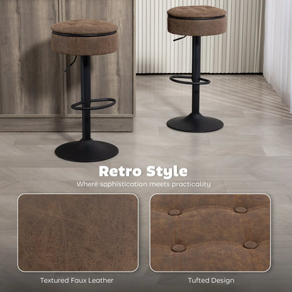 Set of 2 Barstools with Storage, Swivel, PU Leather, Footrest, Steel Base, Brown Bar Stools at Gallery Canada
