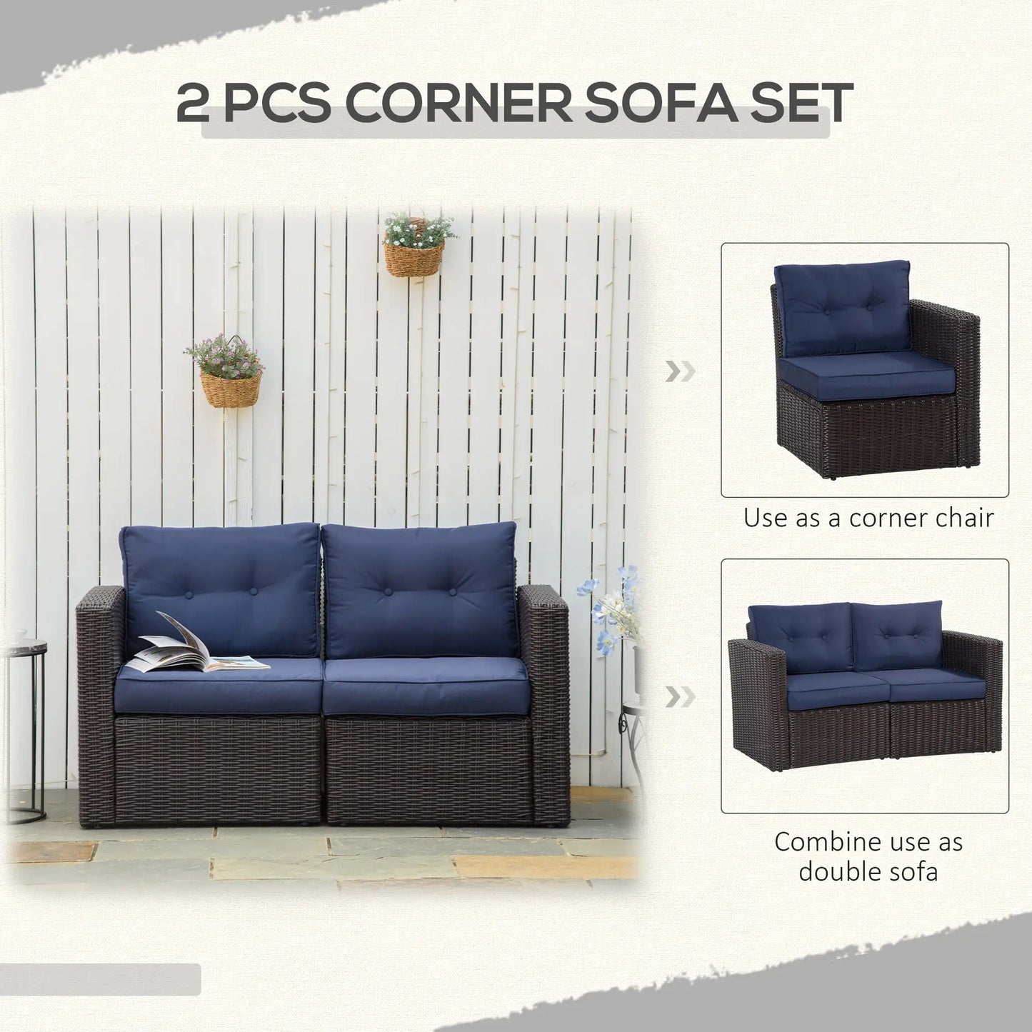 2 Pcs Patio Furniture Set, Wicker Corner Sofa, PE Rattan, Dark Blue Patio Furniture Sets at Gallery Canada