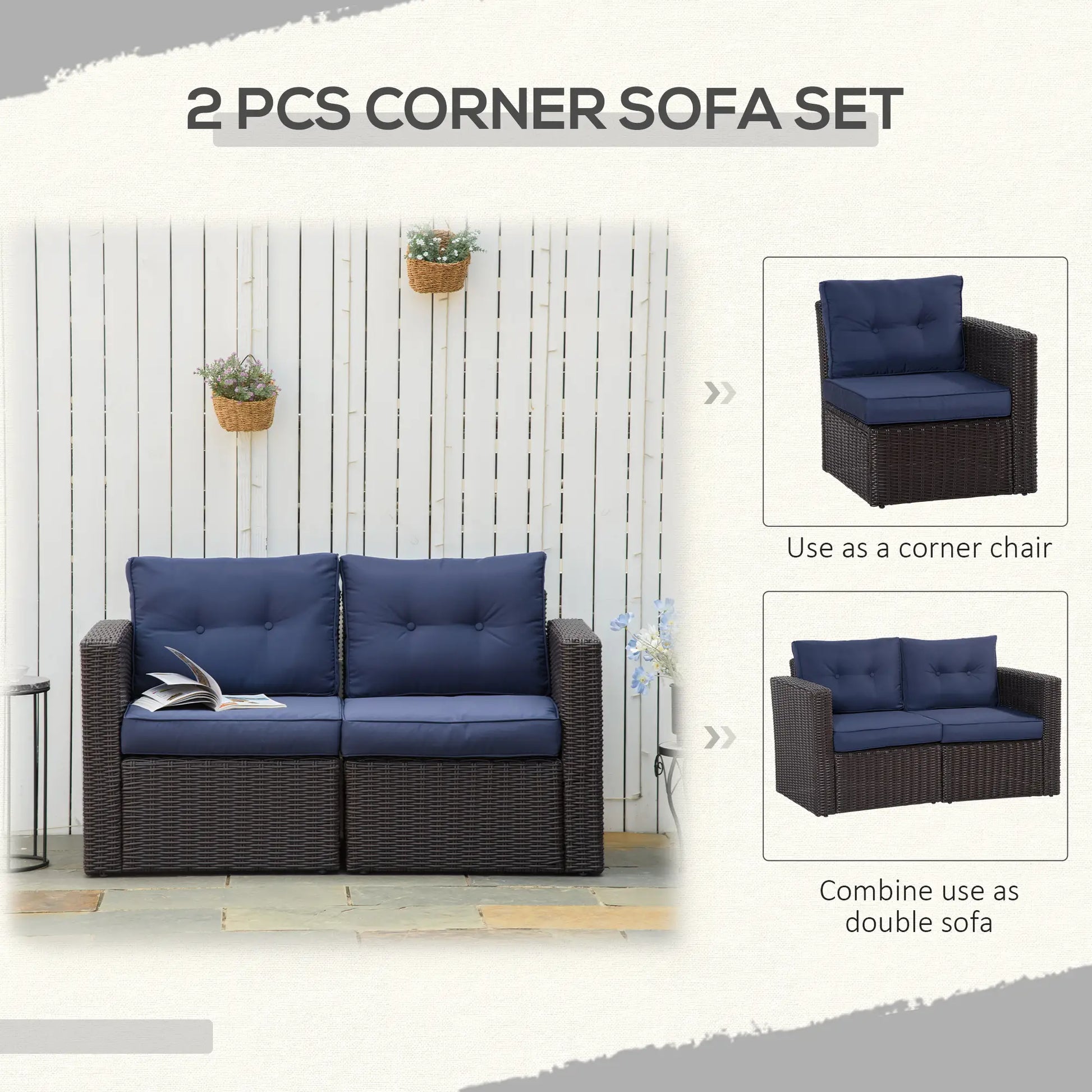 2 Pcs Patio Furniture Set, Wicker Corner Sofa, PE Rattan, Dark Blue Patio Furniture Sets at Gallery Canada