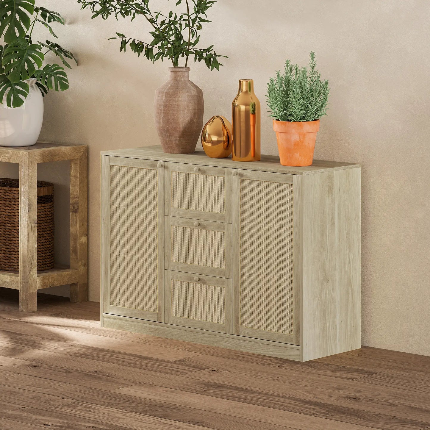 Boho Sideboard Buffet Cabinet, Kitchen Coffee Bar, 3 Drawers, 2 Shelves, 4 Racks, Natural Storage Cabinets at Gallery Canada
