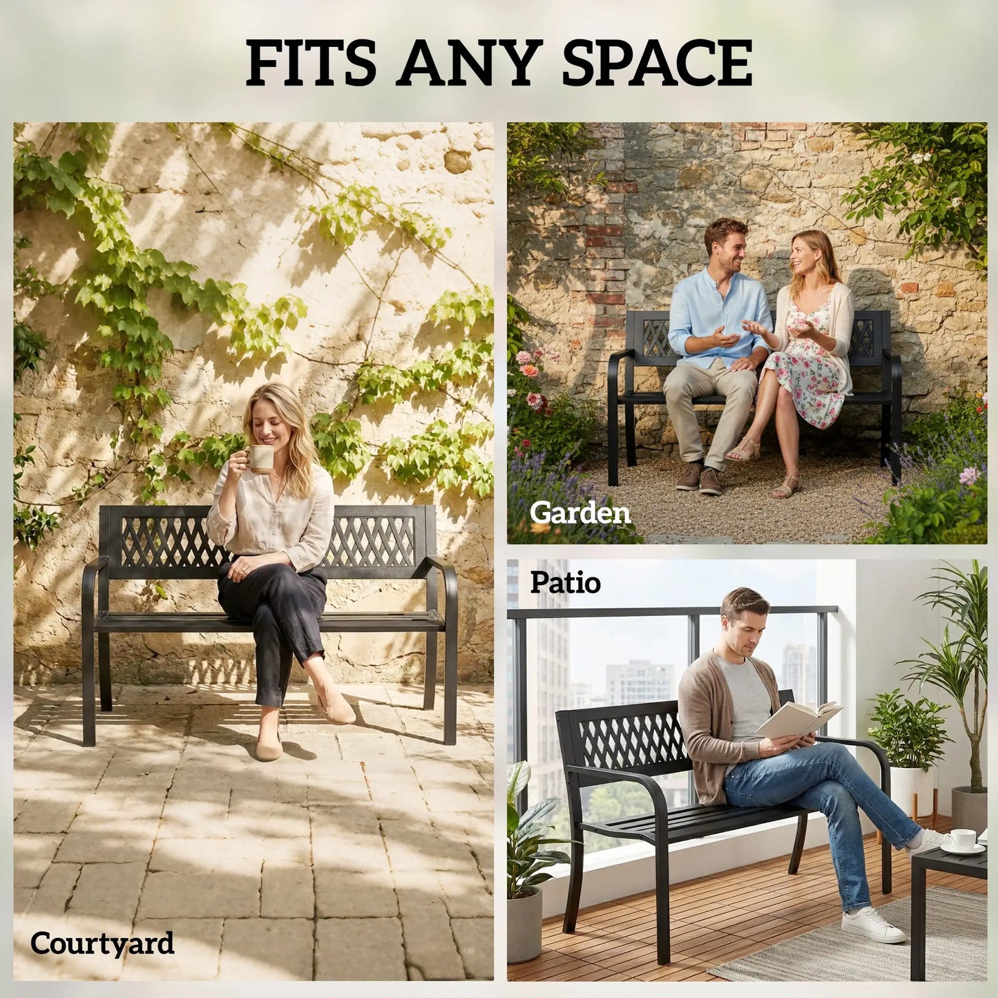 Outdoor Bench With Floral Backrest, 2 Seater Garden Bench With Armrests, Black Outdoor Benches at Gallery Canada