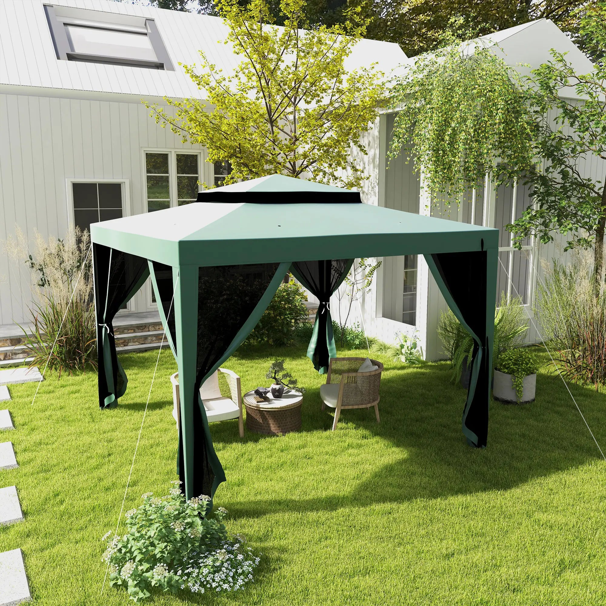 10' x 10' Outdoor Canopy Tent, Mesh Netting, Double Tier Roof Gazebos at Gallery Canada