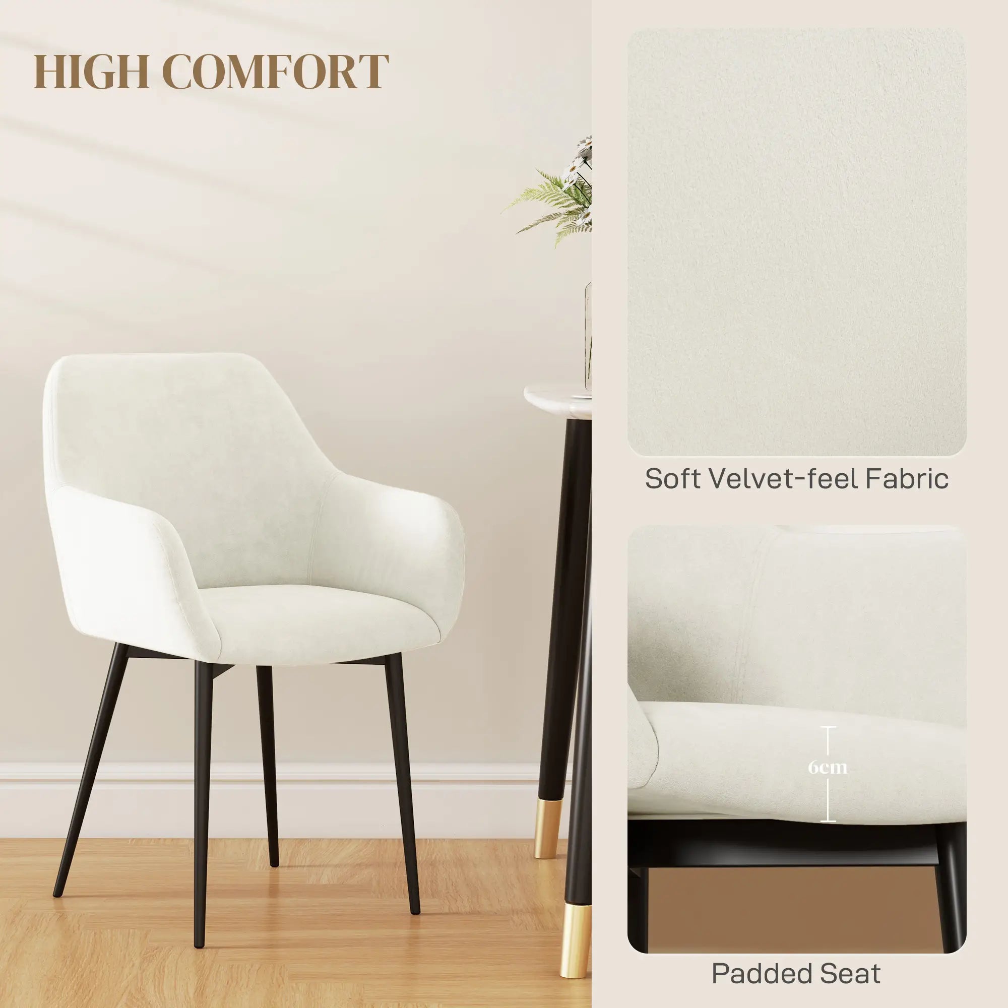 Velvet Fabric Dining Chairs Set of 2, Steel Legs, Cream White Dining Chairs at Gallery Canada