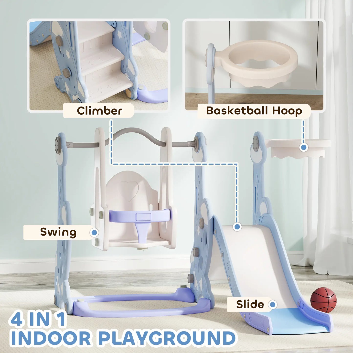 4-in-1 Slide Swing Set, Basketball Hoop, Climber, Ages 1.5-4, Rocket Themed, Light Blue Gym Sets & Swings at Gallery Canada