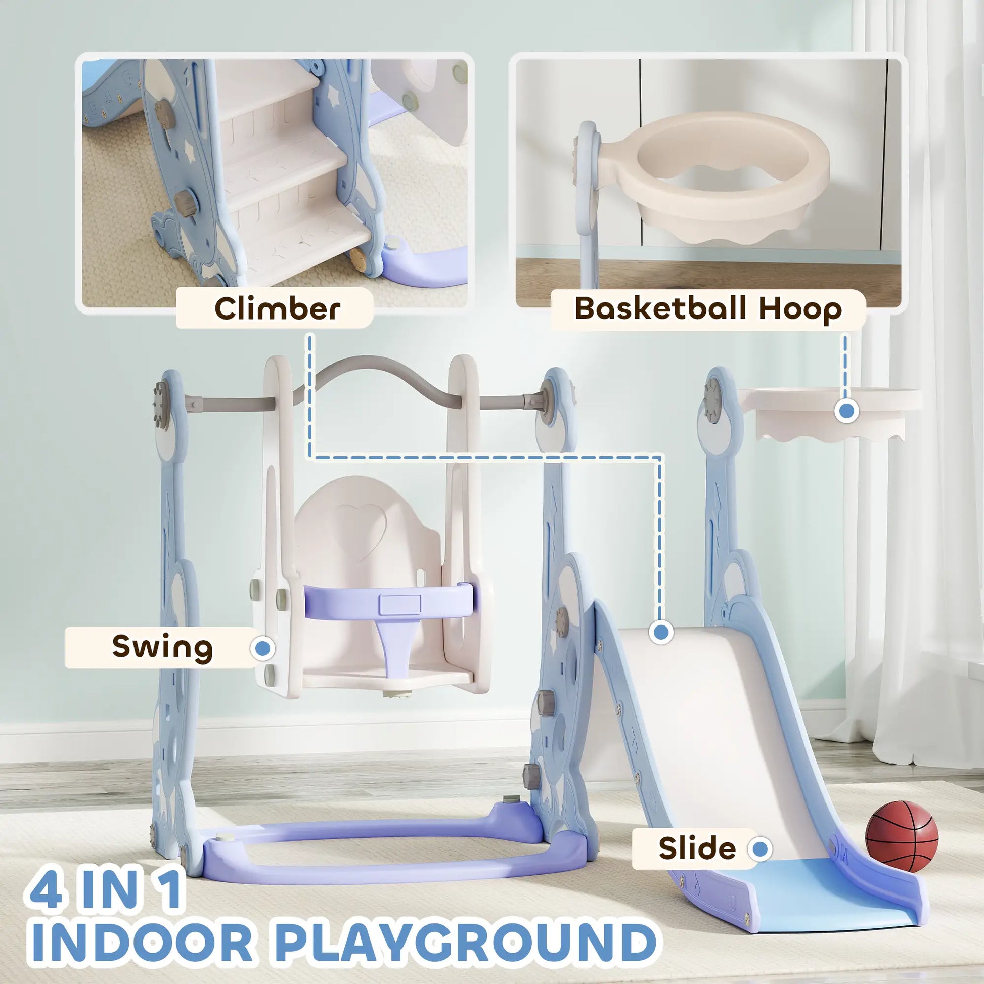4-in-1 Slide Swing Set, Basketball Hoop, Climber, Ages 1.5-4, Rocket Themed, Light Blue Gym Sets & Swings at Gallery Canada