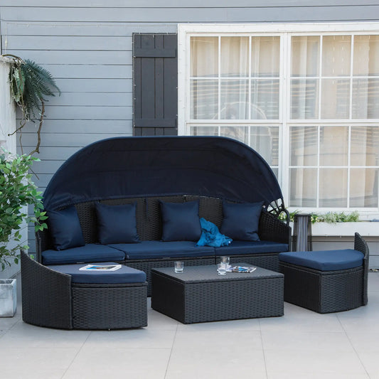 4-Piece PE Wicker Round Daybed, Outdoor Rattan Lounge Set, Dark Blue Daybeds Black Rattan, Dark Blue Cushion at Gallery Canada