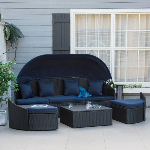 4-Piece PE Wicker Round Daybed, Outdoor Rattan Lounge Set, Dark Blue