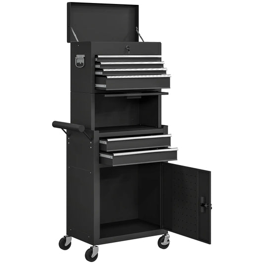 Grande armoire à outils, coffre roulant 3-en-1, rangement amovible avec 6 tiroirs et panneau perforé, Noir