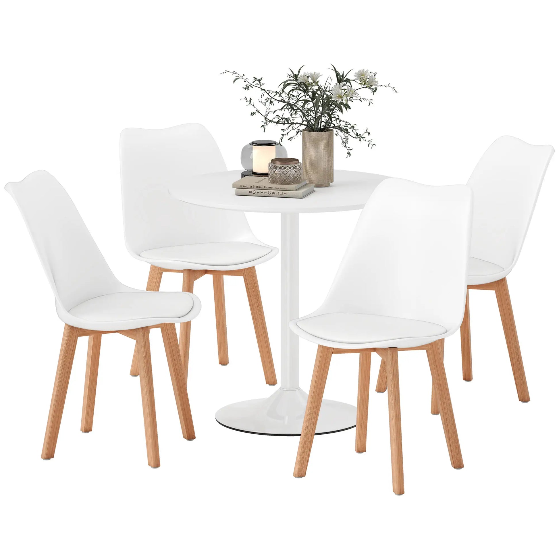 Round Dining Table Set for 4, Pedestal Base, PU Padded Seats, White Dining Table Sets White at Gallery Canada