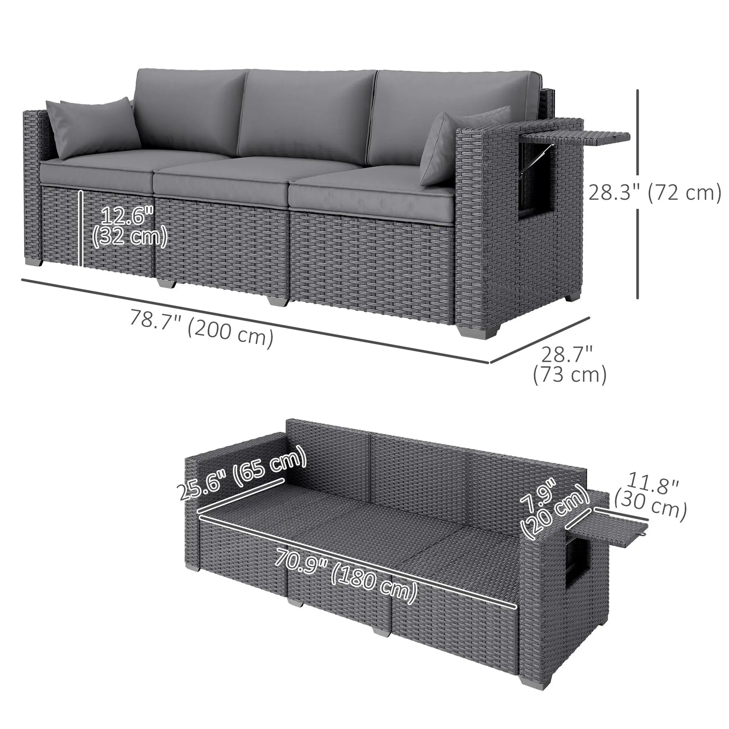 3 Seater Wicker Patio Sofa, 6" Thick Cushions, Deep Seating, Grey Patio Furniture Sets at Gallery Canada