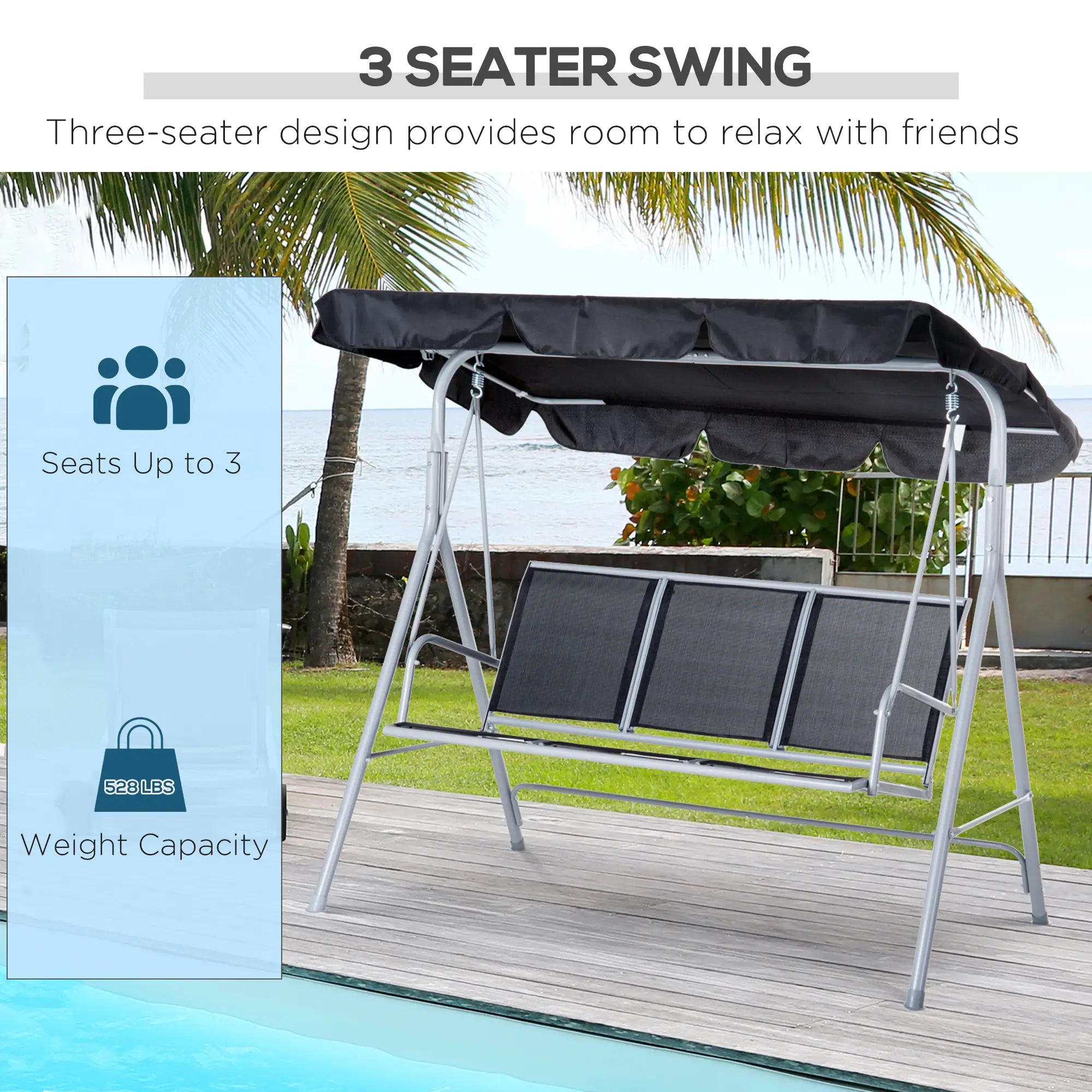 3-Seater Patio Swing, Outdoor Swing Chair, Black Patio Swings with Stand at Gallery Canada