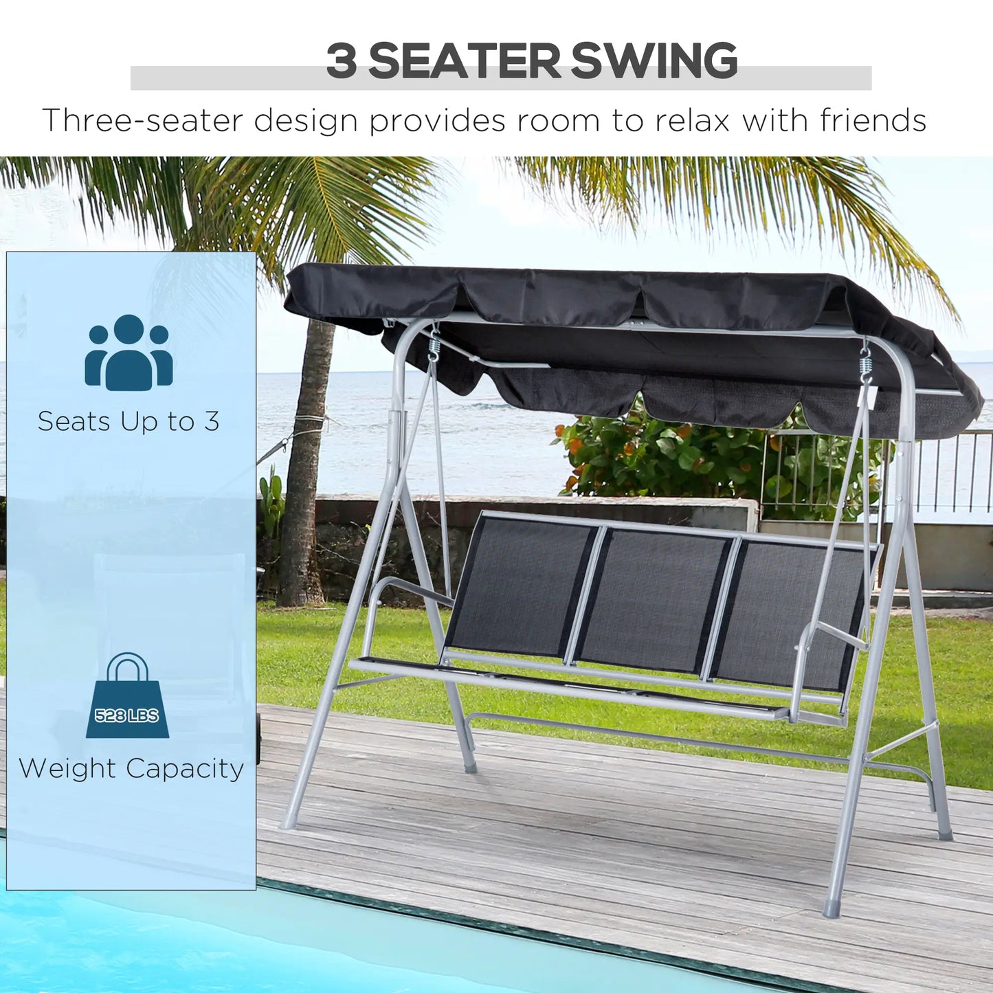 3-Seater Patio Swing, Outdoor Swing Chair, Black Patio Swings with Stand at Gallery Canada