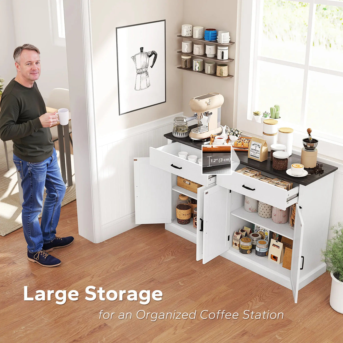 55" Buffet Cabinet, Farmhouse Sideboard, 1.2" Thick Top, White Storage Cabinets at Gallery Canada