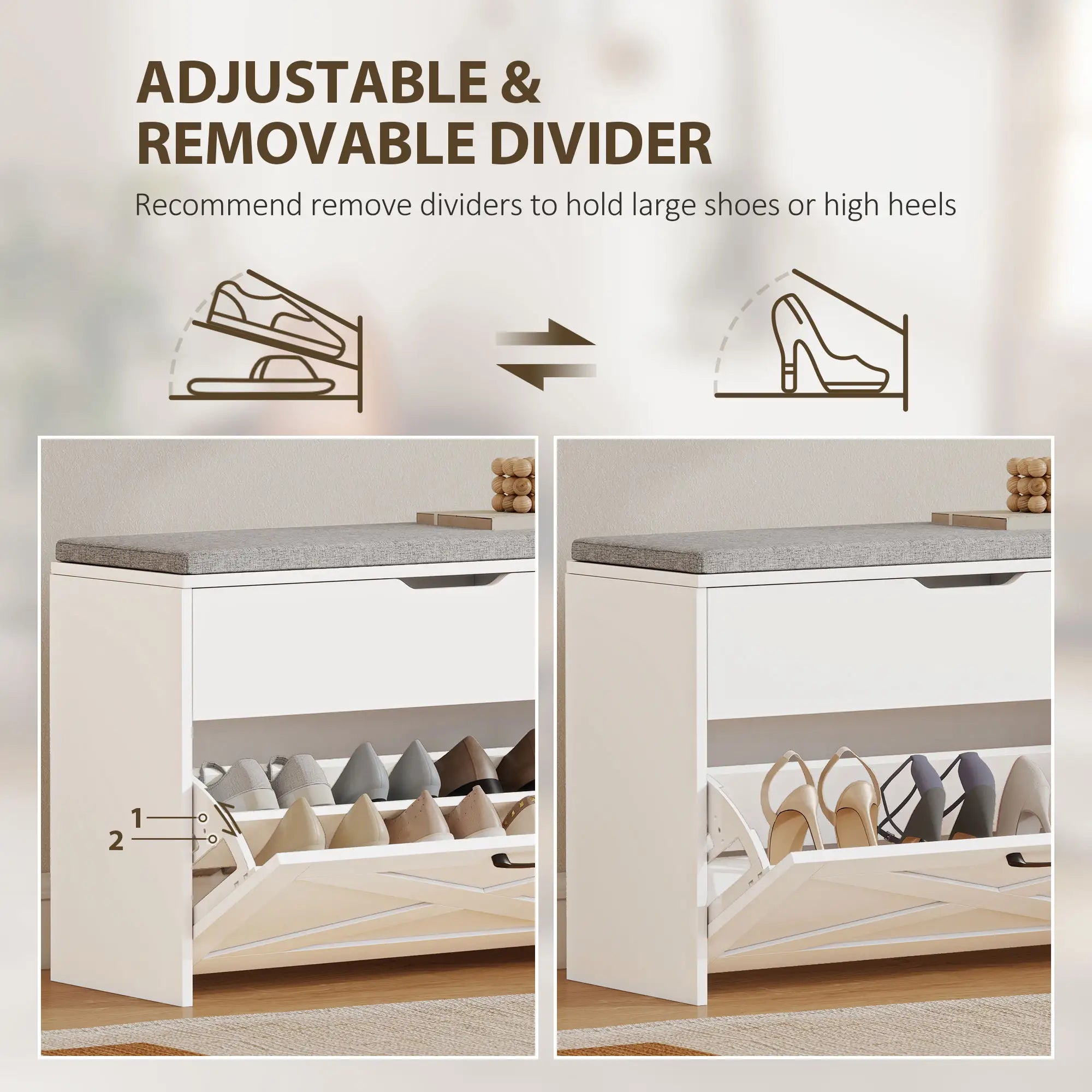 Shoe Storage Bench with Flip Drawer, Lift Top, Seat Cushion, White Shoe Storage Cabinets & Racks at Gallery Canada