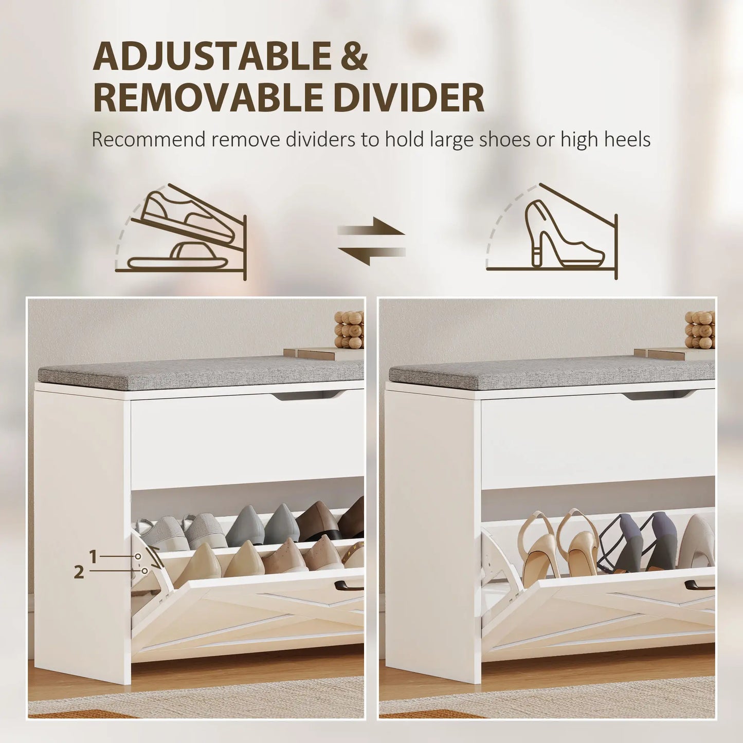 Shoe Storage Bench with Flip Drawer, Lift Top, Seat Cushion, White Shoe Storage Cabinets & Racks at Gallery Canada