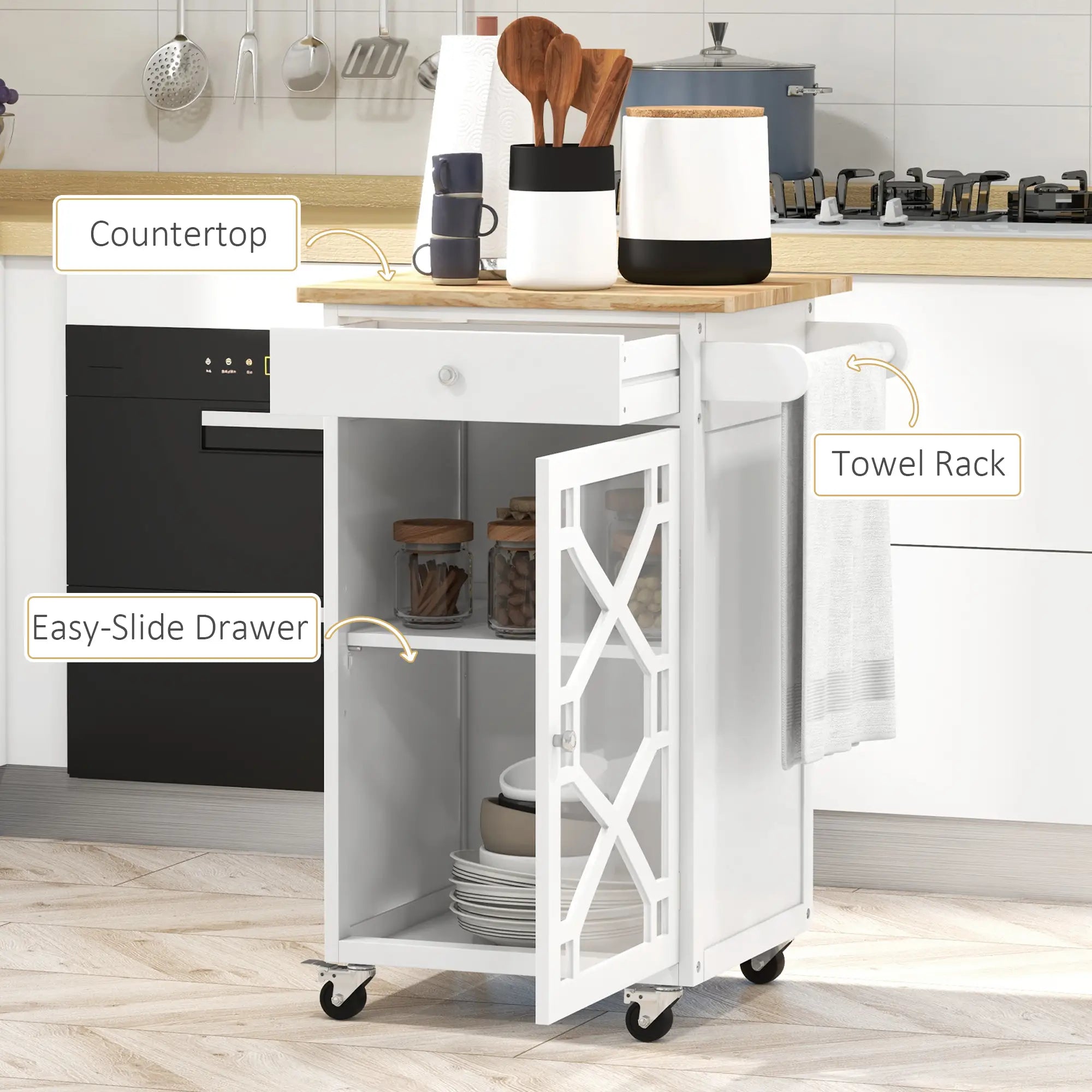 Kitchen Cart on Wheels, Adjustable Shelf, Towel Rack, White Kitchen Islands & Kitchen Carts at Gallery Canada