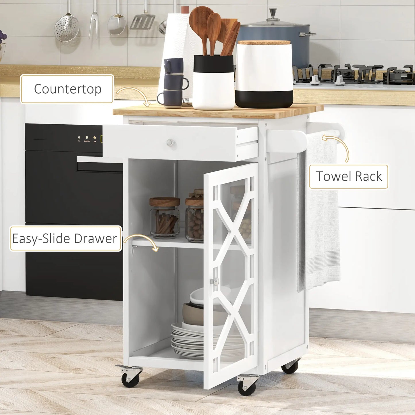 Kitchen Cart on Wheels, Adjustable Shelf, Towel Rack, White Kitchen Islands & Kitchen Carts at Gallery Canada