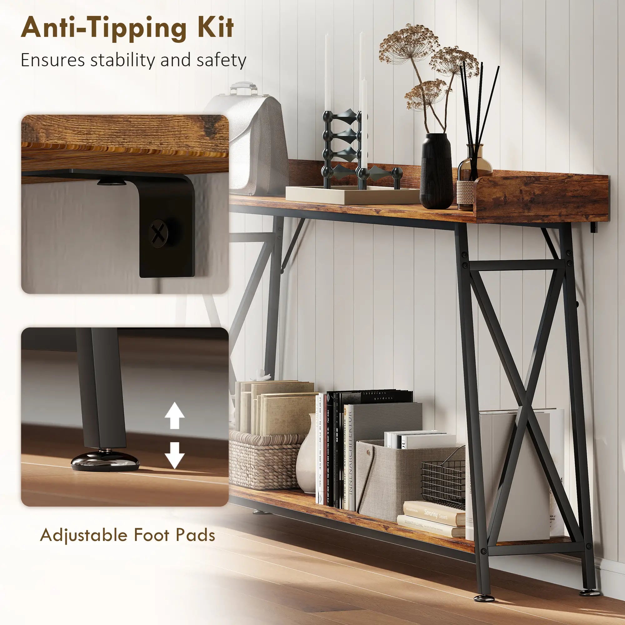 71 Inch Extra Long Console Table with Storage Shelf, Rustic Brown Console Tables at Gallery Canada