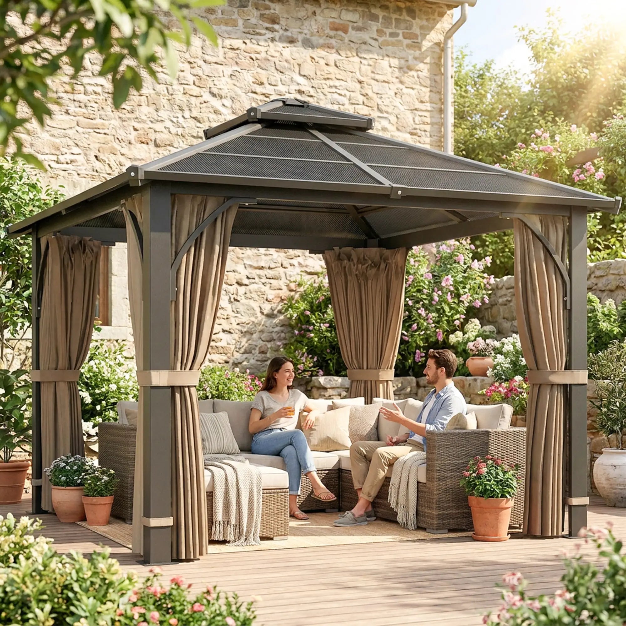 10' x 10' Hardtop Gazebo, 7mm Double Polycarbonate Roof, Netting And Curtains, Khaki Gazebos at Gallery Canada