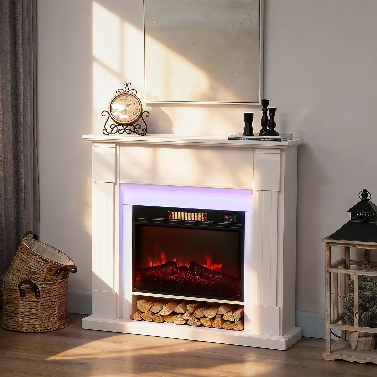 41 Inch Electric Fireplace with Mantel, 1400W Heater, Adjustable 3D Flame, White Electric Fireplaces at Gallery Canada