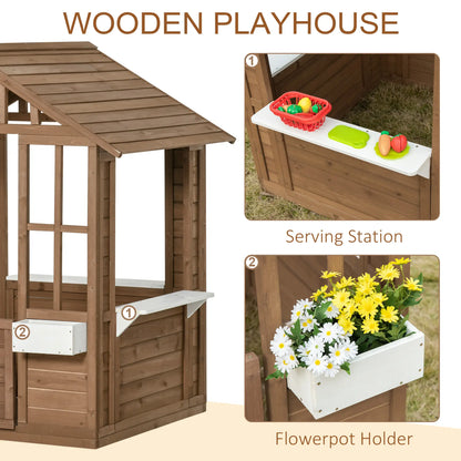 Kids Wooden Playhouse, Outdoor Cottage with Flower Pot Holder, Brown Play Houses at Gallery Canada